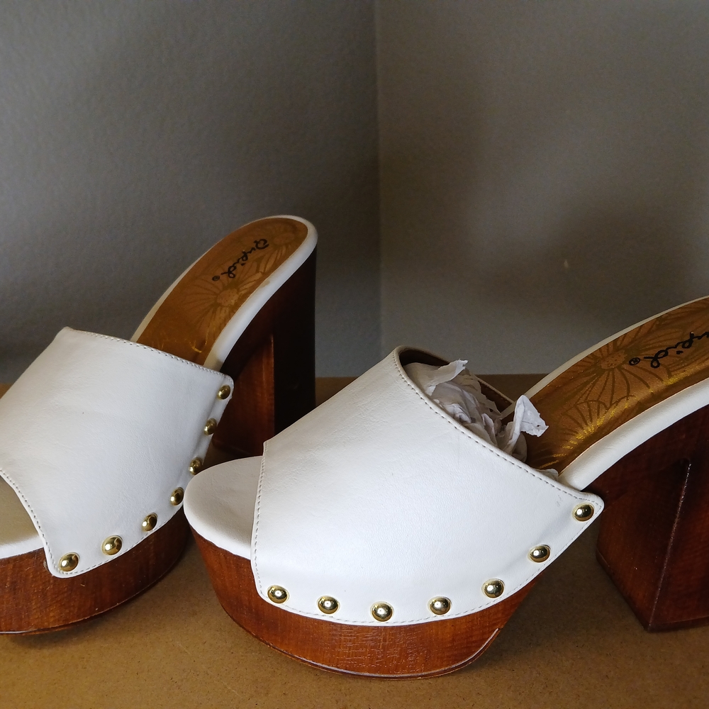 White Platform Mules with Wooden Heel